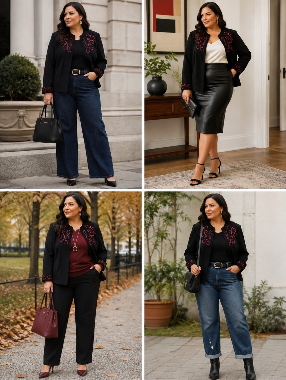 Vintage Ann Travis Black Collarless Blazer with Red Embroidery Size 16W Petite - Picture 13 of 15
